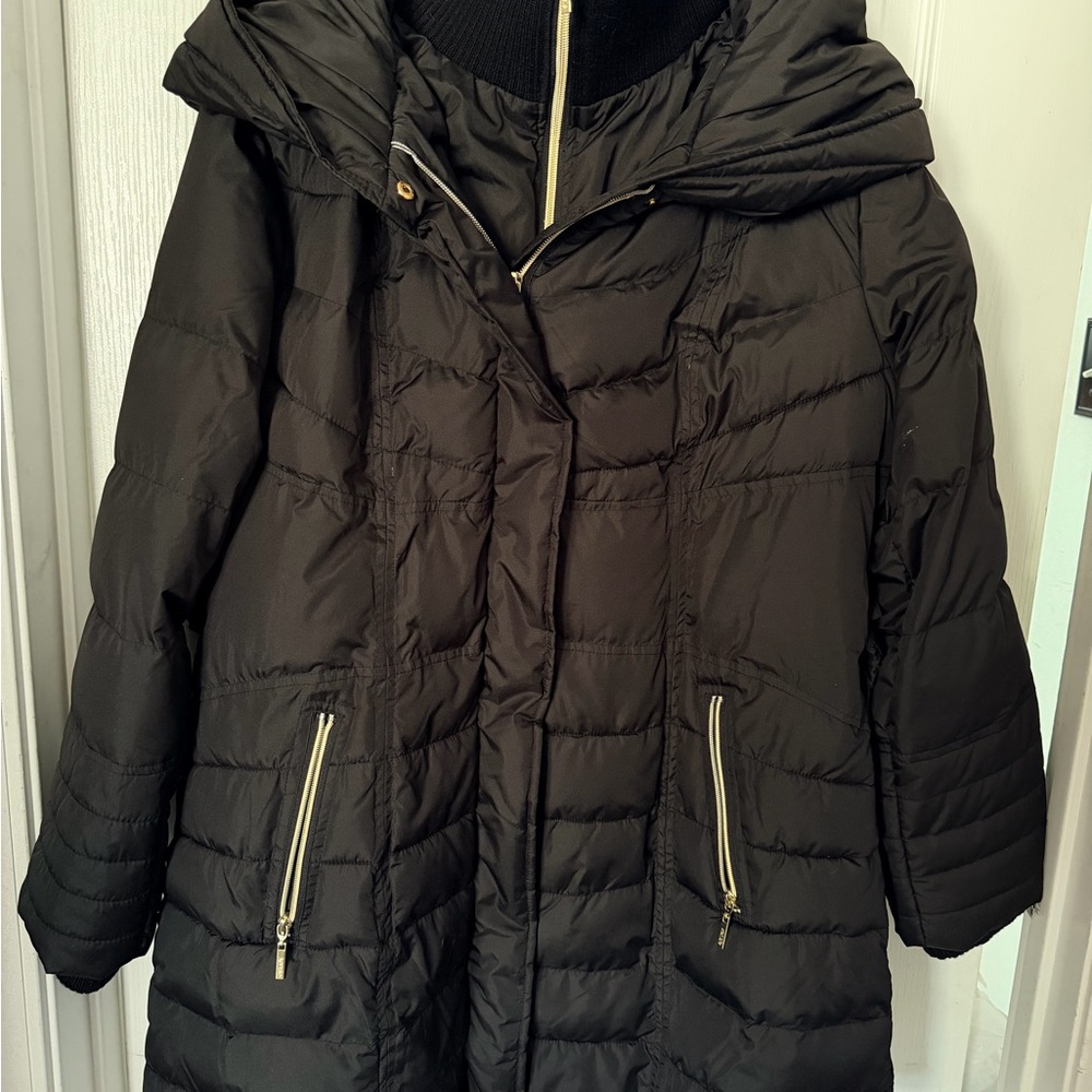 Kensie Black Long Puffer Coat with Gold Accents
